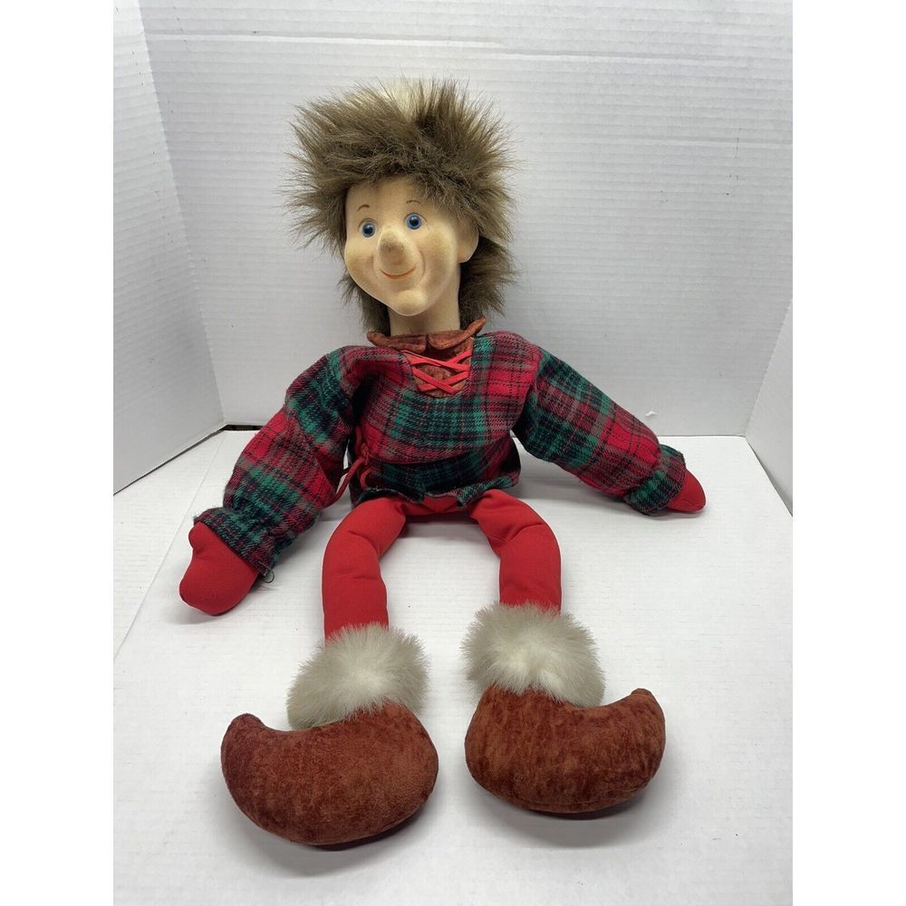 Vintage Christmas Elf Plush Doll Jimmine Flocked Face 27" Rare EXCLUSIVE